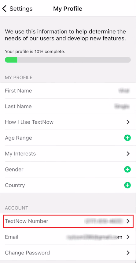 Vaya a Mi perfil y toque Número de TextNow en la sección CUENTA