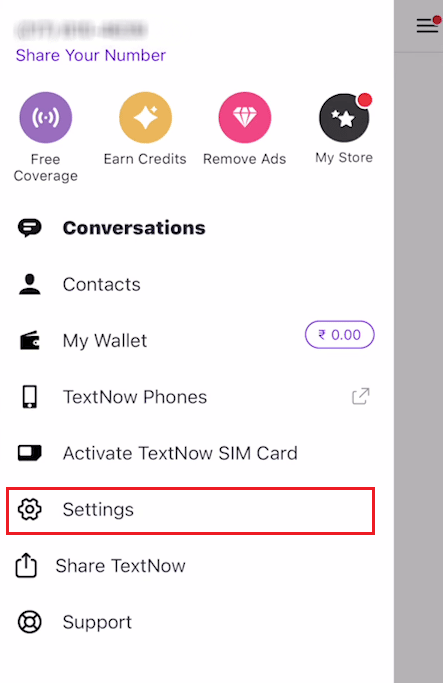 Toque en Configuración | Cómo cambiar su número de TextNow