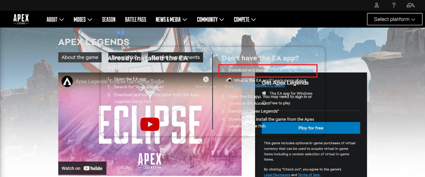Haga clic en Descargar e instalar la aplicación de EA para Windows. 11 formas de corregir el error detectado de violación de seguridad del juego de Apex