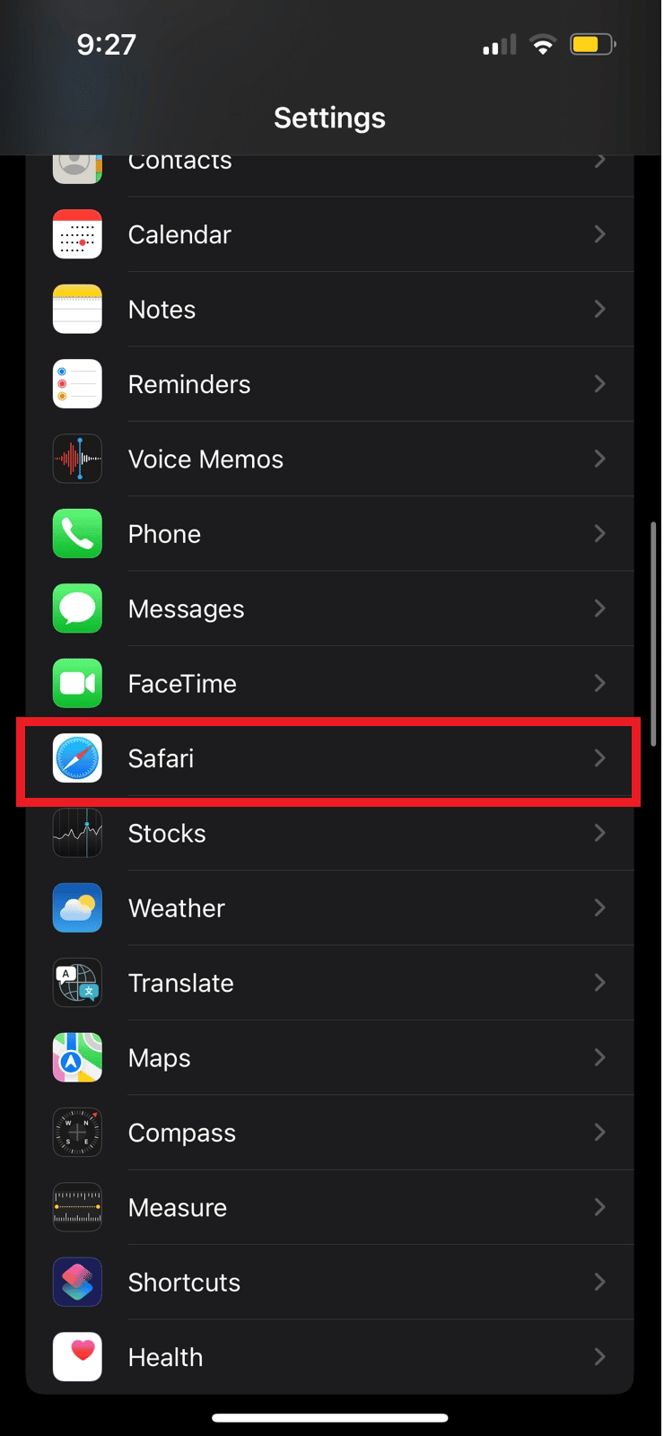 Safari seçeneğini seçin