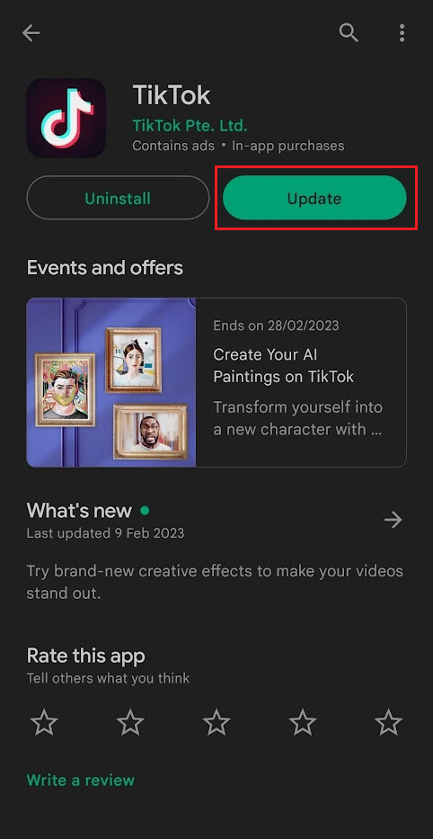 点击更新以获取最新版本的 TikTok 应用 |如何修复 TikTok 错误 2433