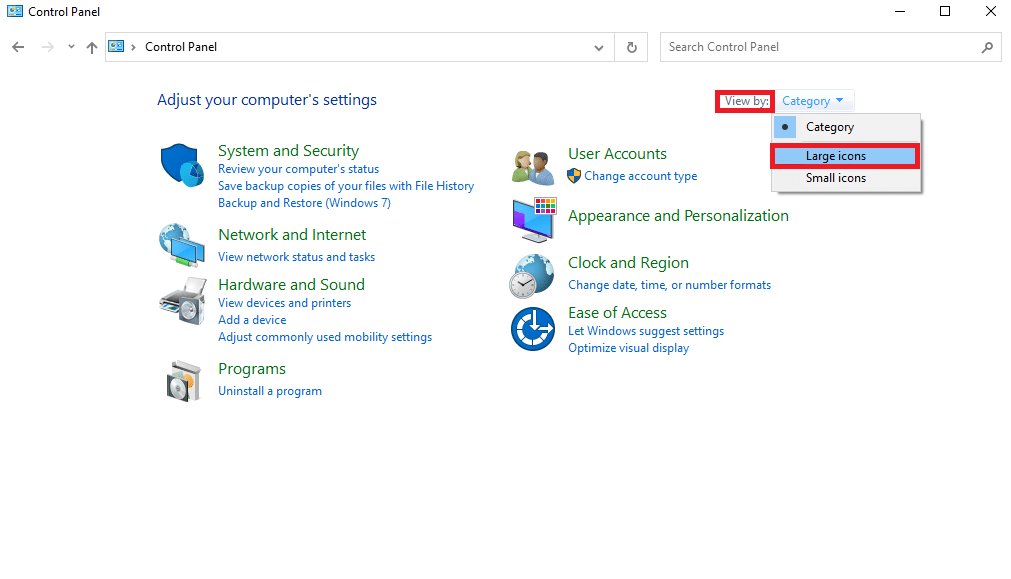 kliknij menu rozwijane Widok i wybierz Duże ikony | Dlaczego system Windows minimalizuje programy