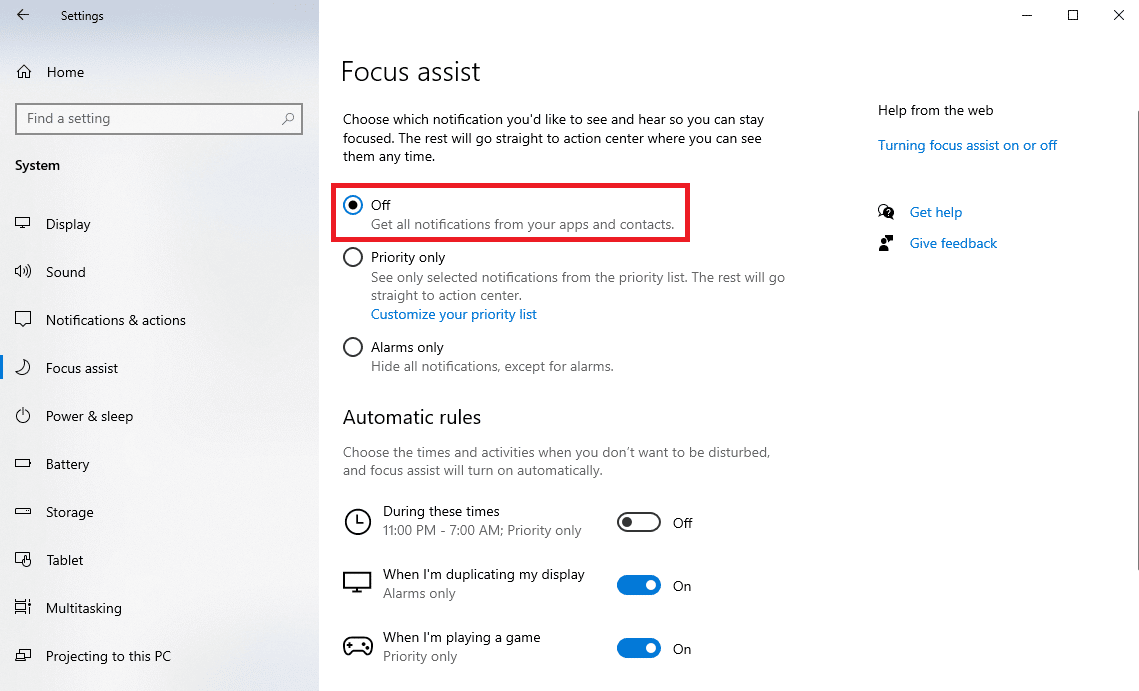 Wybierz przycisk radiowy Wyłącz, aby wyłączyć wszystkie powiadomienia | Dlaczego system Windows minimalizuje programy