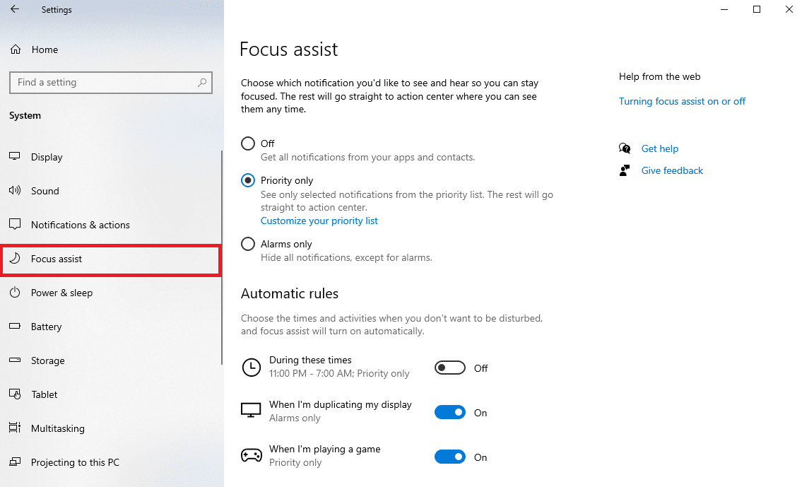 W panelu po lewej stronie kliknij opcję Focus assist | Dlaczego system Windows minimalizuje programy