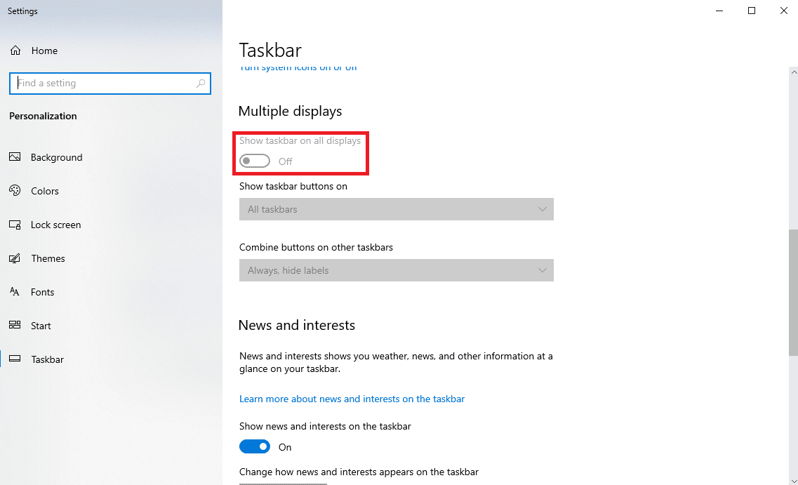 Włącz przełącznik Pokaż pasek zadań na wszystkich ekranach | Dlaczego system Windows minimalizuje programy