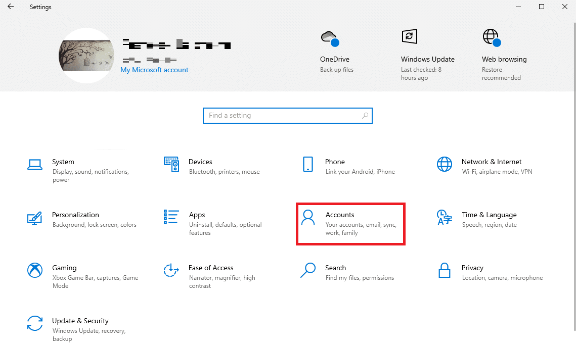 kliknij Konta | Dlaczego system Windows minimalizuje programy