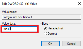 Ustaw Dane wartości jako 30d40 | Dlaczego system Windows minimalizuje programy