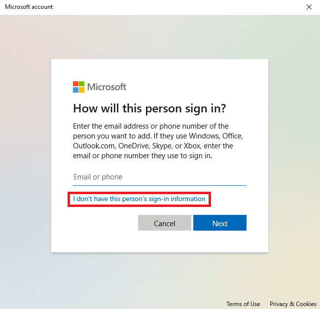 na stronie logowania znajdź i kliknij Nie mam danych logowania tej osoby | Dlaczego system Windows minimalizuje programy
