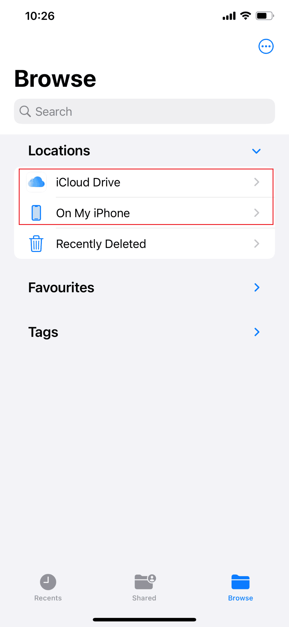 ファイル アプリを開き、目的の場所 ([iPhone 内] または [iCloud ドライブ] など) を選択します。