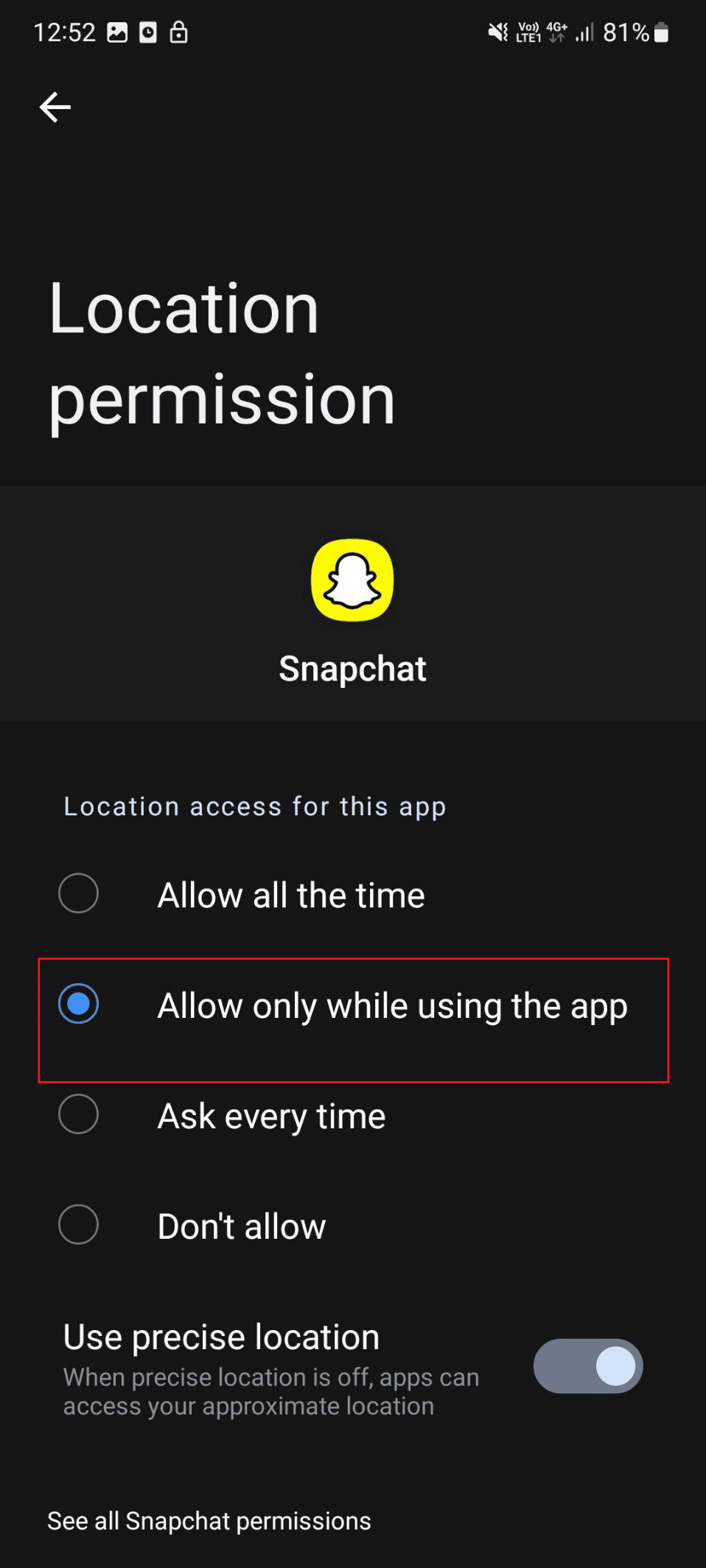 アプリの使用中のみ許可します。 Snapchat フィルターが機能しない問題を修正する 10 の方法