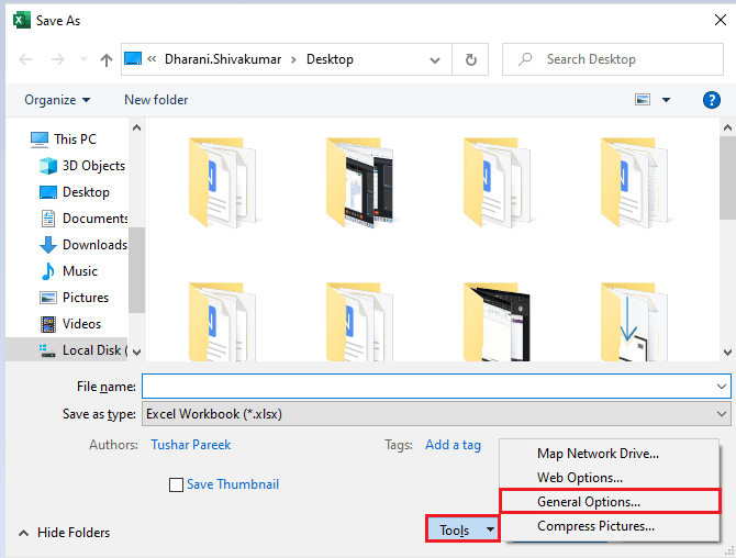 ツールをクリックし、続いて一般オプションをクリックします。 Excelファイルを読み取り専用にする方法