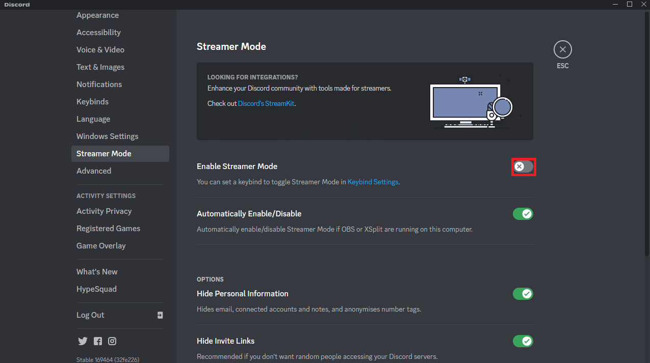 Fare clic sull'interruttore accanto all'opzione Abilita modalità streamer. Risolto il problema con la ricerca di Discord che non funzionava su PC