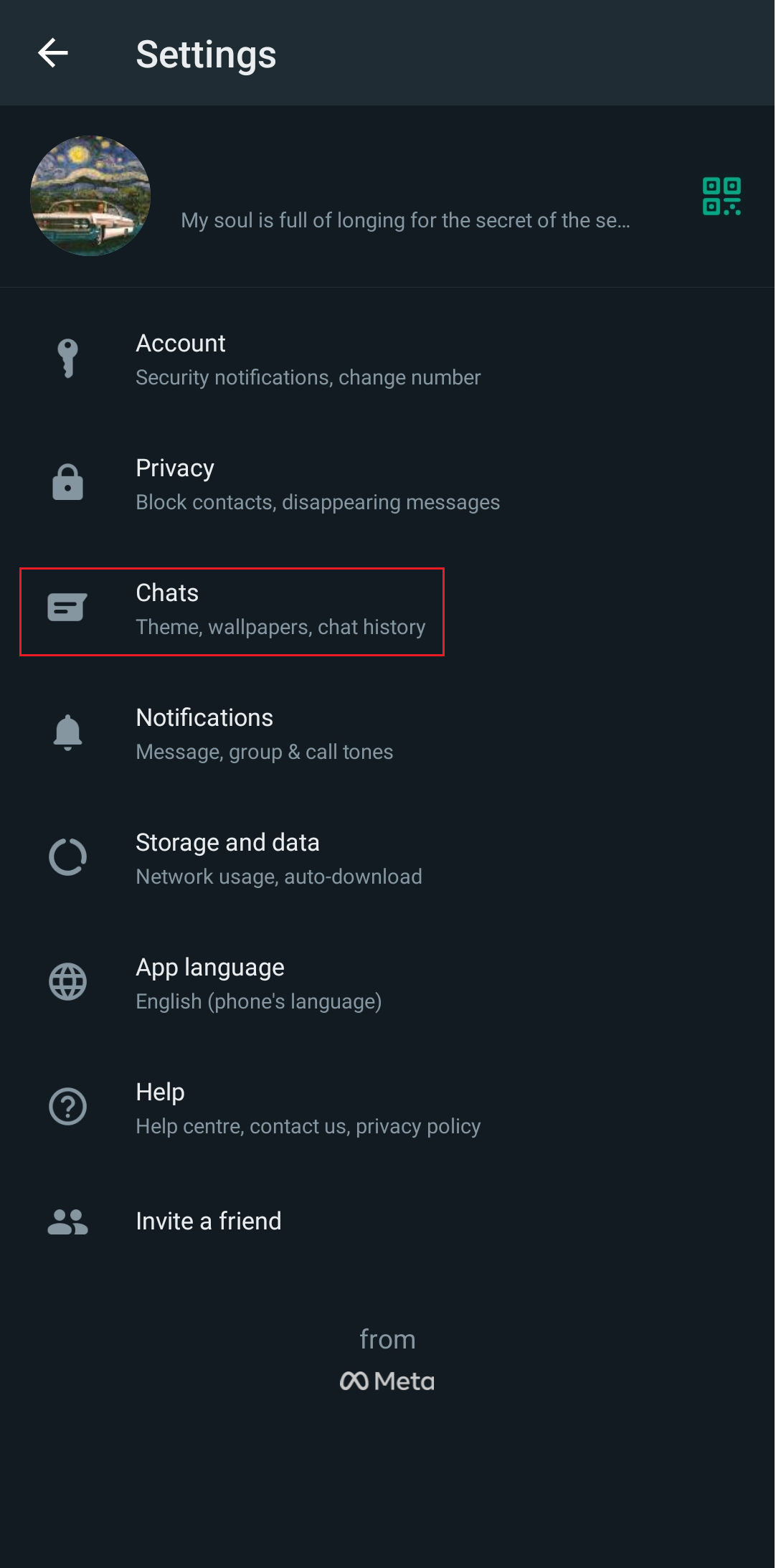 Option Chats dans le menu