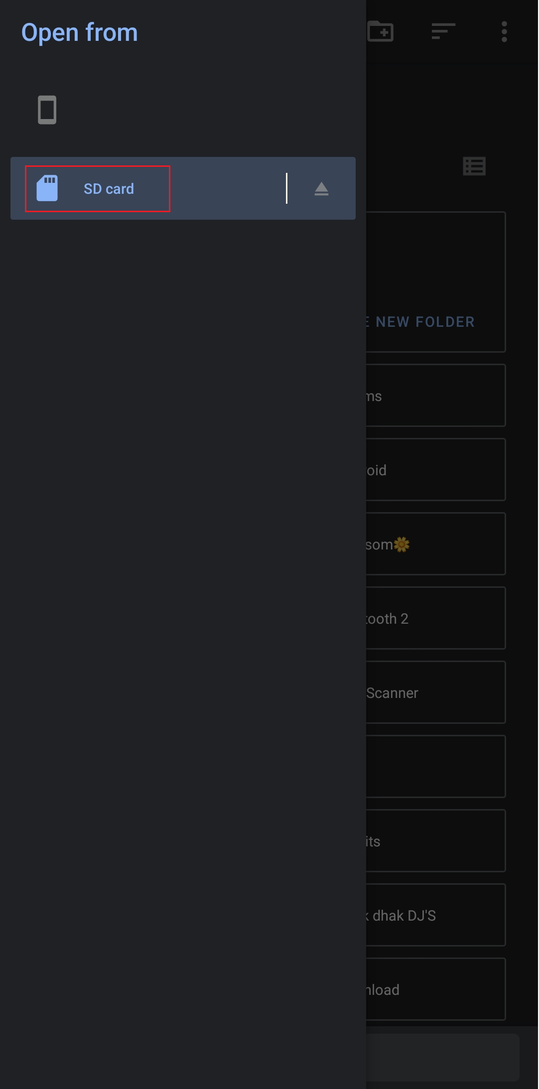 Nom de la carte SD activé dans le menu