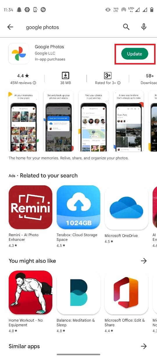 Sélectionnez Google Photos dans les résultats de la recherche et localisez le bouton Mettre à jour | Correction des photos WhatsApp qui ne sont pas sauvegardées sur Google Photos sur Android