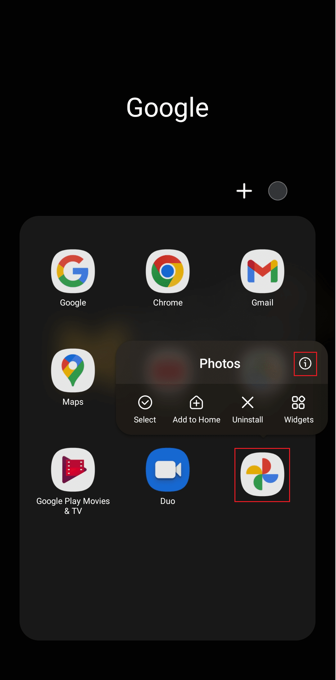 Icône Google Photos sur l'appareil Android avec. bouton info (i)