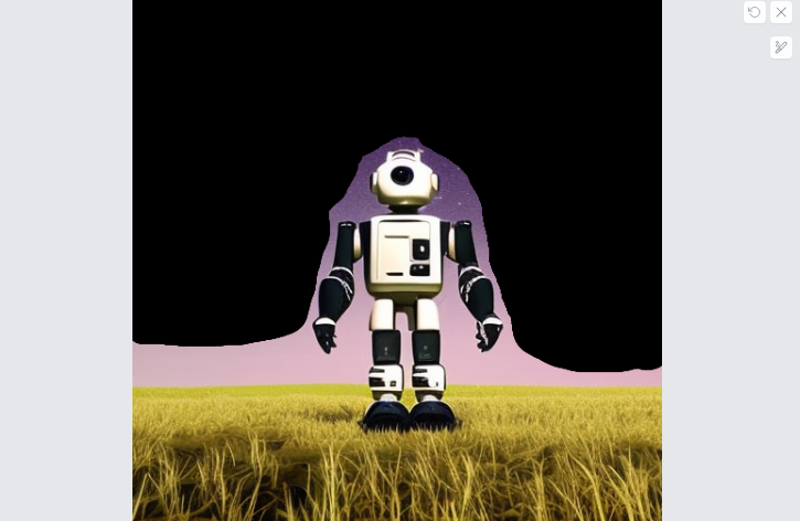 Un robot debout dans un champ sous un ciel étoilé.