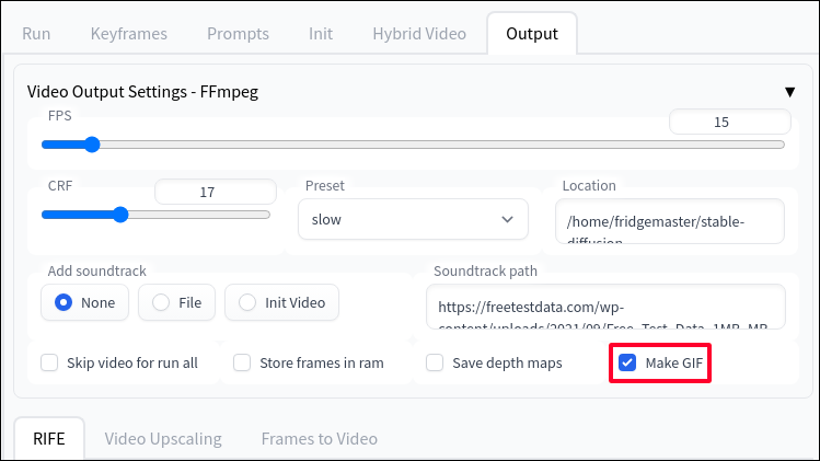 Dans l'onglet Sortie, cochez la case "Make GIF" si vous voulez un fichier GIF.