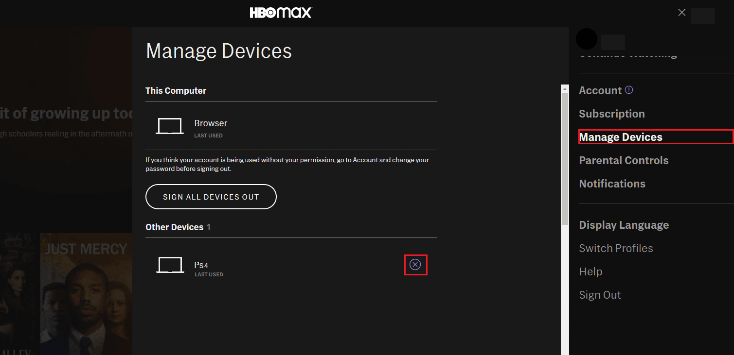 individua la tua console nella sezione Altri dispositivi e seleziona l'icona X per rimuovere il dispositivo | HBO Max non funziona su PS4 o PS5