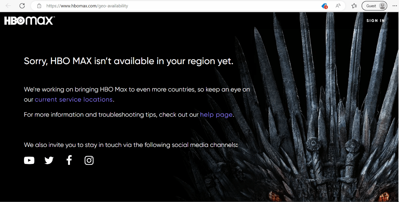 pagina Web di disponibilità regionale di hbo max