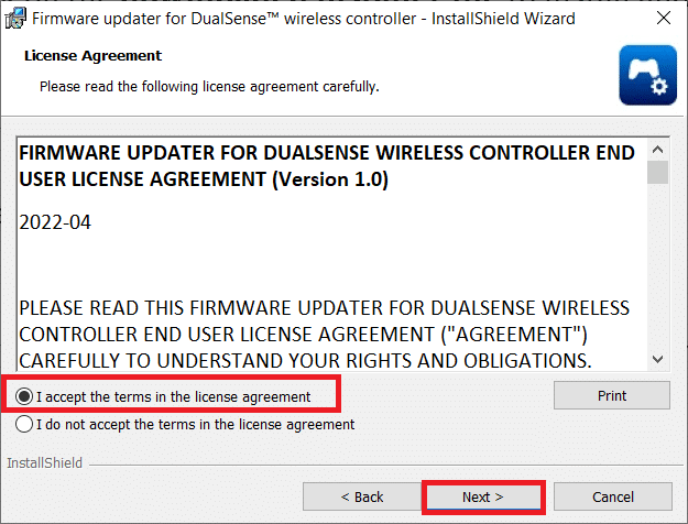 Wählen Sie die Option Ich akzeptiere die Bedingungen der Lizenzvereinbarung und klicken Sie auf Weiter. Beheben Sie, dass der PS5-Controller auf dem PC nicht funktioniert