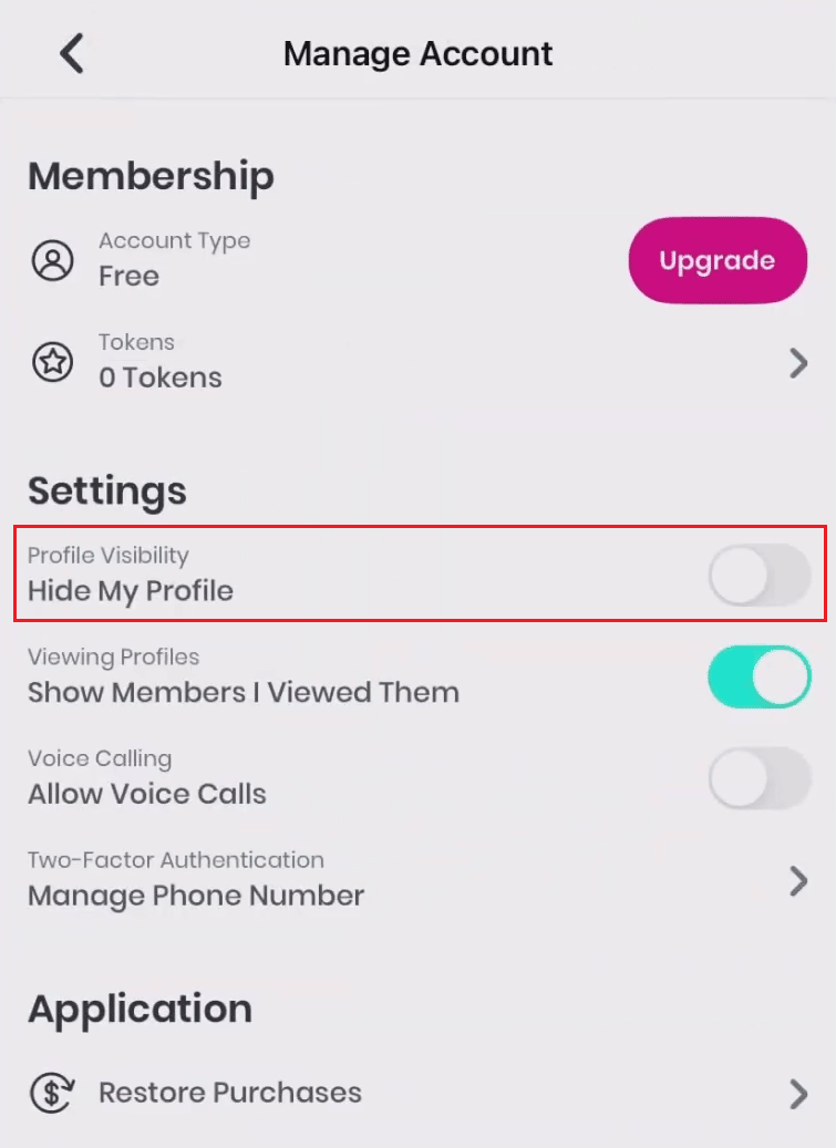 Activez la bascule pour l'option Masquer mon profil pour la visibilité du profil