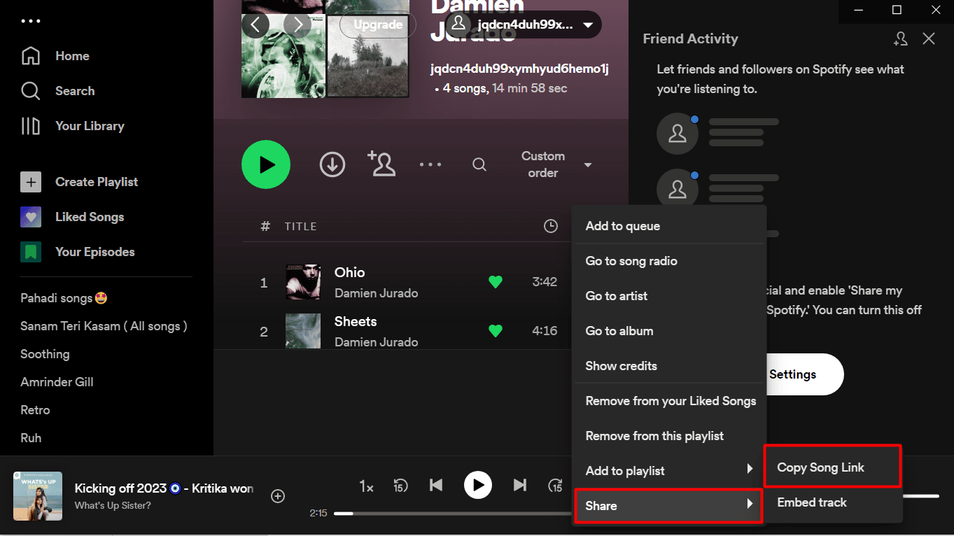 공유를 클릭한 다음 Spotify에서 노래 복사 링크를 클릭하십시오 | Spotify 느린 노래