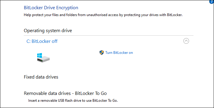 BitLocker-Steuerelemente in Windows 10 Pro