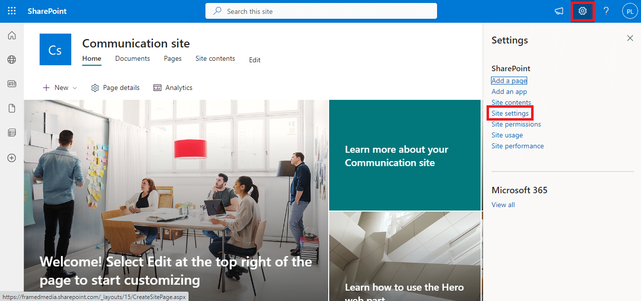 faceți clic pe pictograma roată și apoi selectați Setări site. Cum se rezolvă partea Web Editare SharePoint nepermise