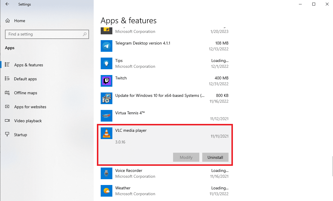 ค้นหาและเลือก VLC จากแอพ วิธีแก้ไข Video Lag ใน VLC Media Player บน Windows