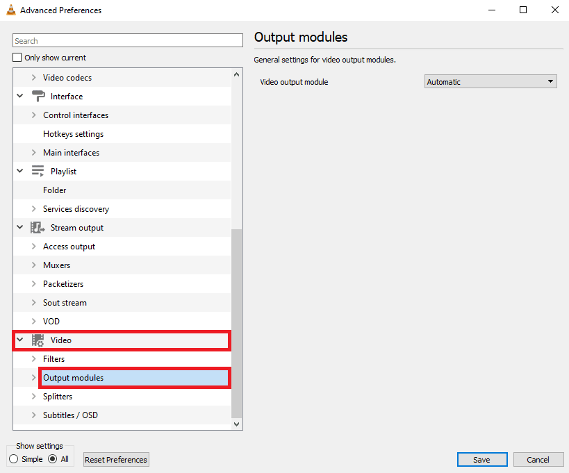 คลิกที่โมดูลเอาต์พุตภายใต้วิดีโอ วิธีแก้ไข Video Lag ใน VLC Media Player บน Windows
