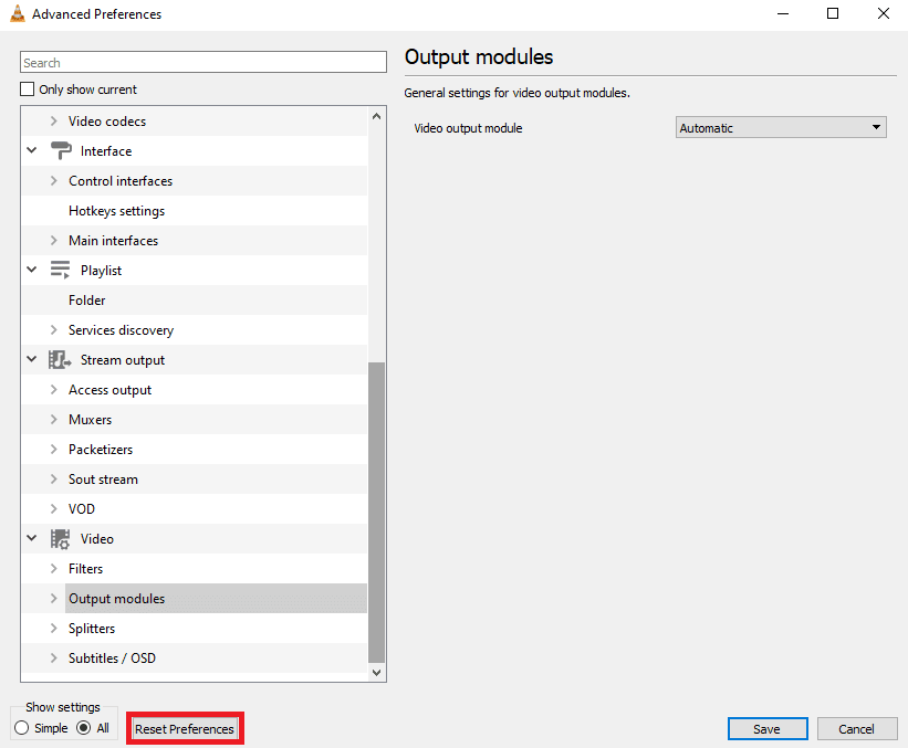 คลิกที่รีเซ็ตการตั้งค่า วิธีแก้ไข Video Lag ใน VLC Media Player บน Windows