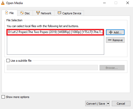 เลือกไฟล์วิดีโอที่คุณต้องการแปลง วิธีแก้ไข Video Lag ใน VLC Media Player บน Windows