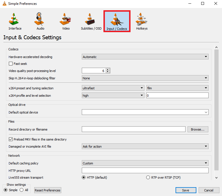 นำทางไปยังตัวเลือก Input/Codecs