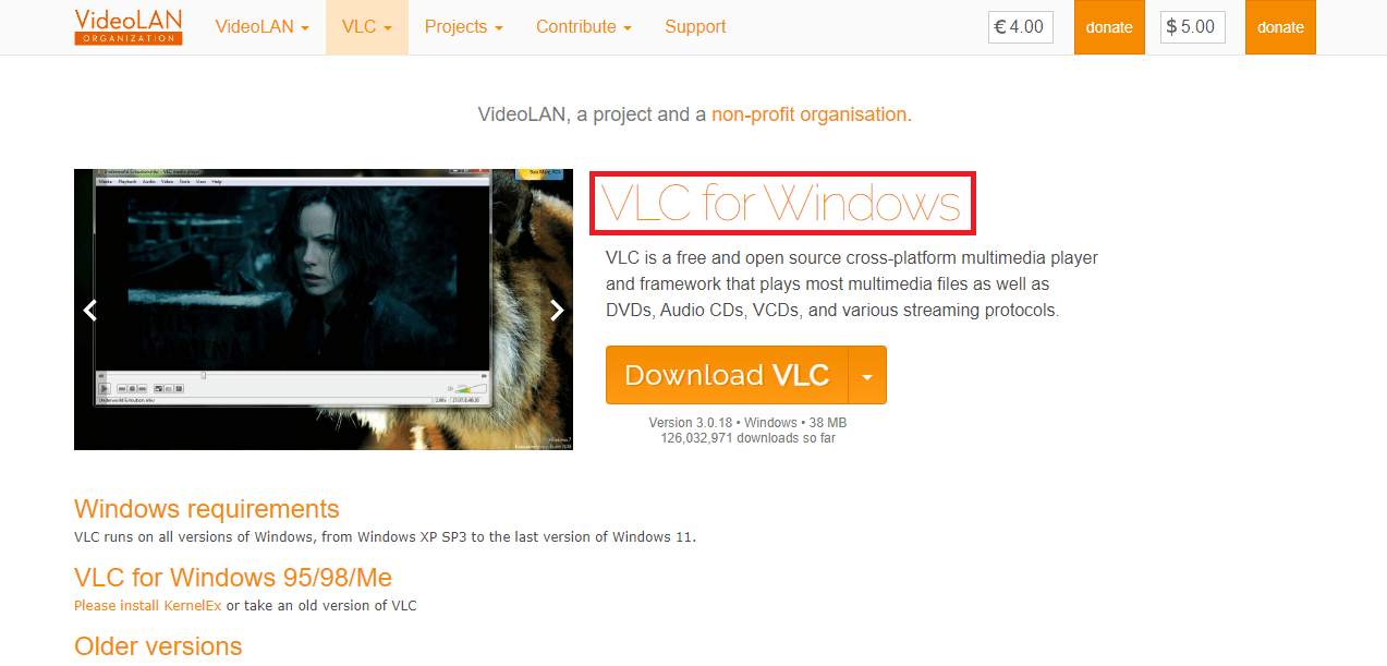 เปิดเว็บเบราว์เซอร์และไปที่หน้า VLC สำหรับ Windows อย่างเป็นทางการ