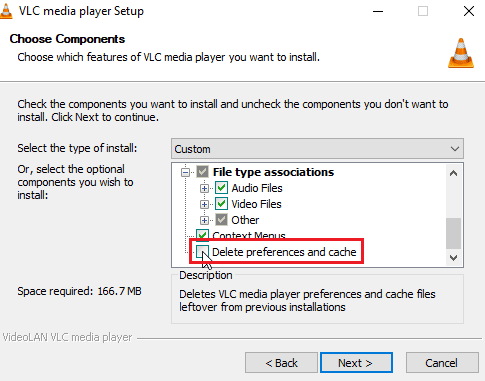 คลิกที่ลบค่ากำหนดและแคช วิธีแก้ไข Video Lag ใน VLC Media Player บน Windows