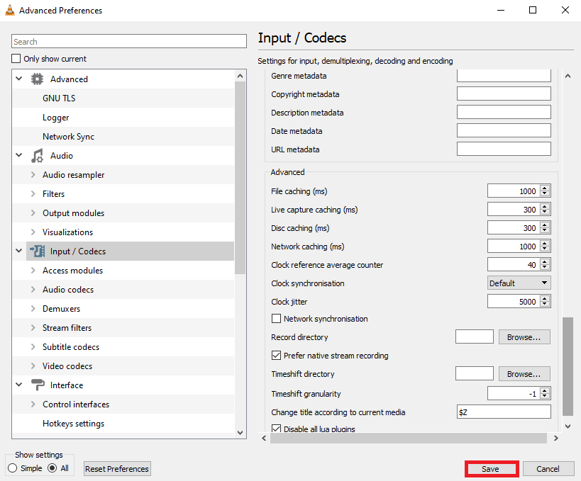 คลิกที่บันทึก วิธีแก้ไข Video Lag ใน VLC Media Player บน Windows