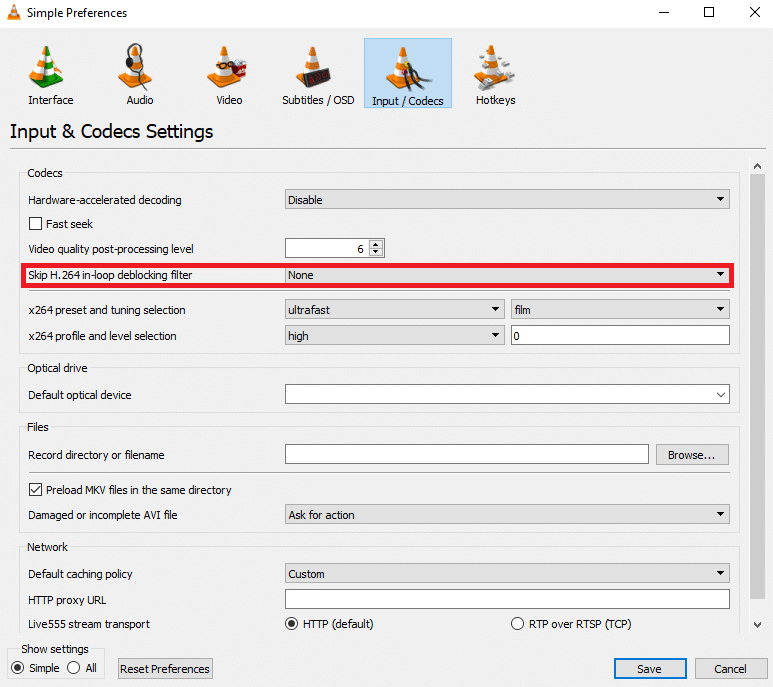 คลิกที่เมนูแบบเลื่อนลง ข้ามตัวกรองการบล็อกการบล็อกในวง H.264