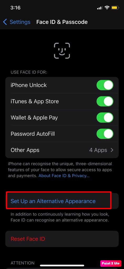 toca configurar una apariencia alternativa | Cómo solucionar el problema de Face ID que no funciona en iPhone