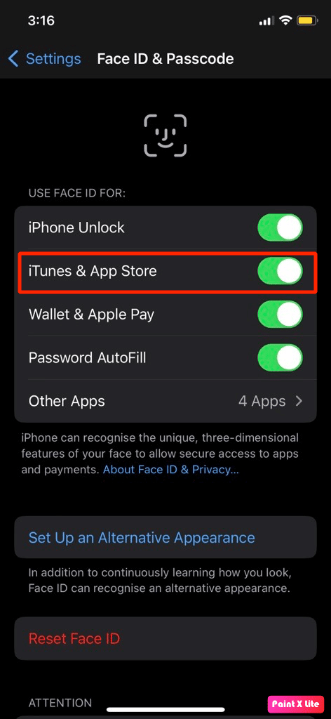 activa la opción iTunes y tienda de aplicaciones | Cómo solucionar el problema de Face ID que no funciona en iPhone
