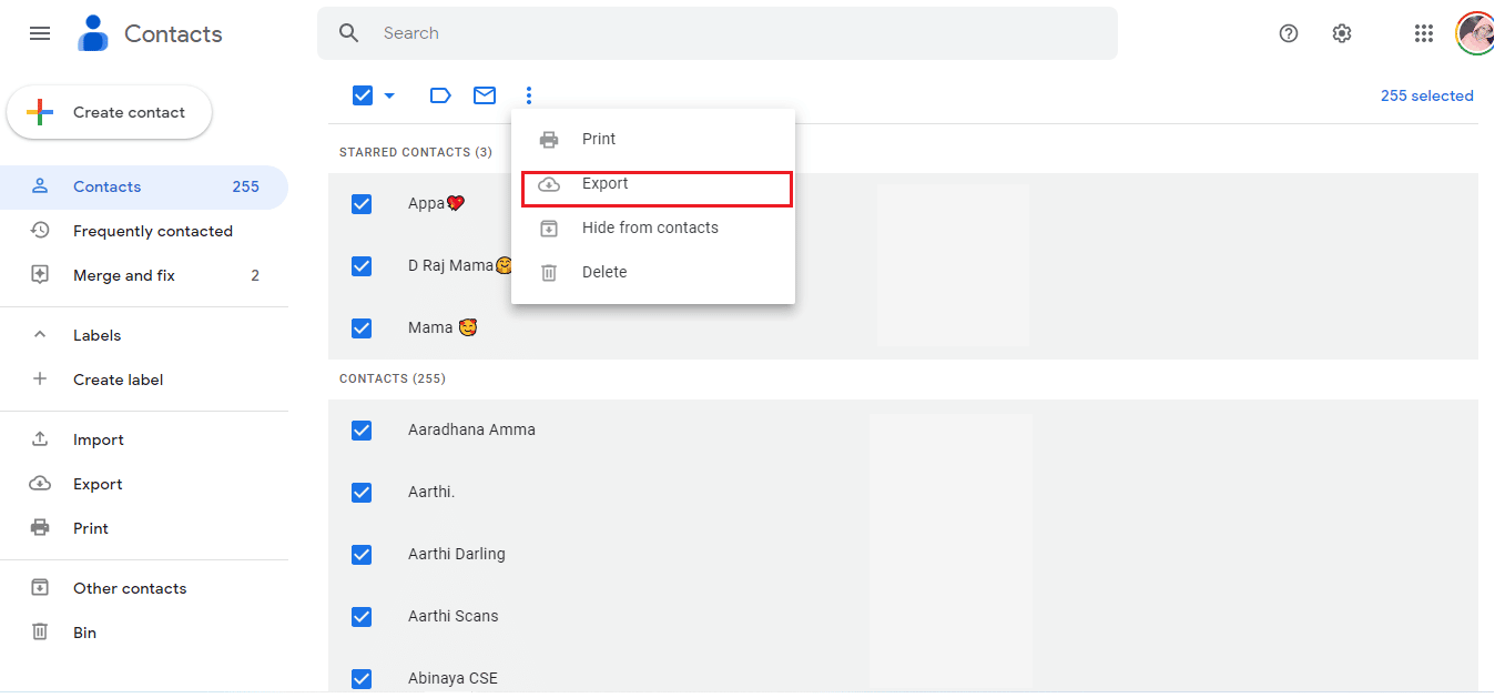 Klicken Sie auf Mehr und dann auf Exportieren. So exportieren Sie Kontakte aus Google Mail