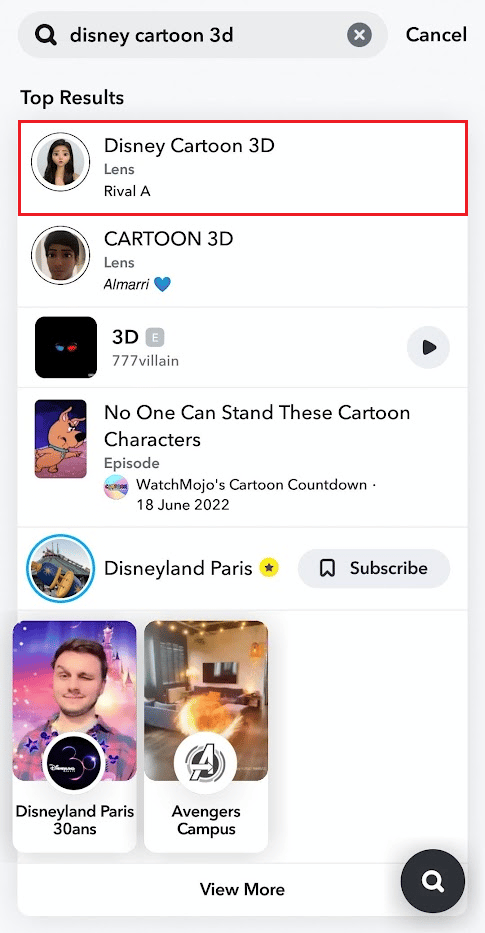 Căutați obiectivul 3D de desene animate Disney din bara de căutare și atingeți-l din rezultatele căutării