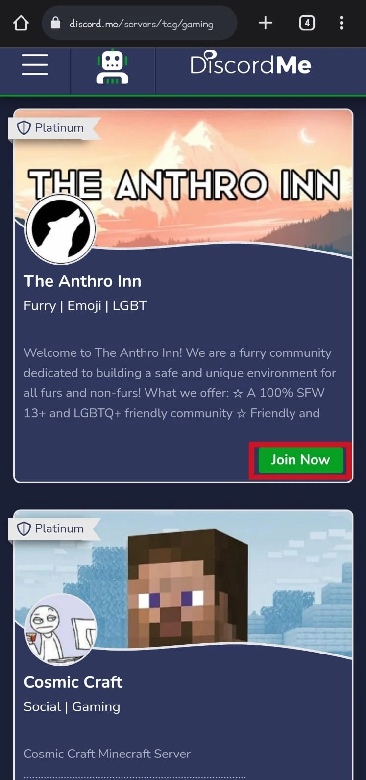 toque el botón Unirse ahora | Cómo buscar en Discord Mobile