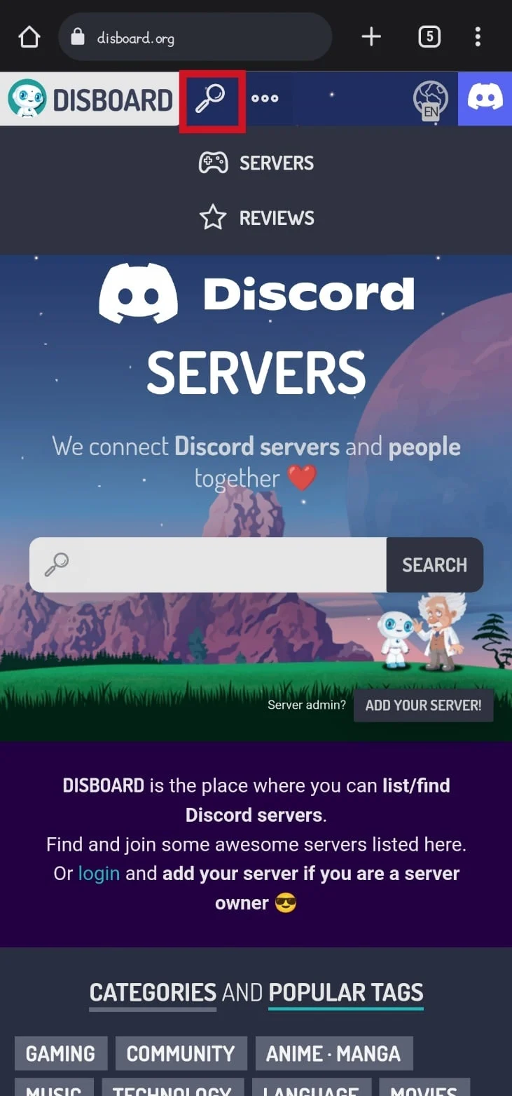 toque el icono de búsqueda para escribir un nombre de servidor específico
