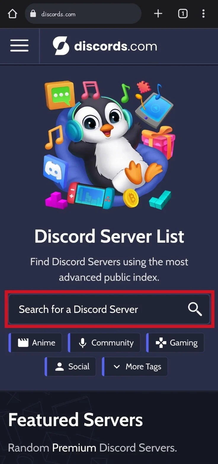 toque el cuadro Buscar un servidor de Discord para ingresar el nombre del servidor