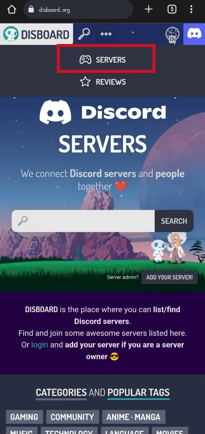 Toca la pestaña SERVIDORES | Cómo buscar en Discord Mobile