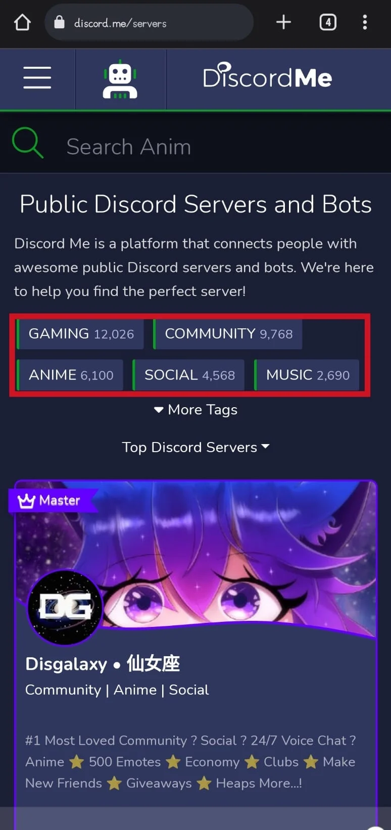 Toque cualquiera de las categorías o etiquetas para encontrar una lista de servidores Discord para ello