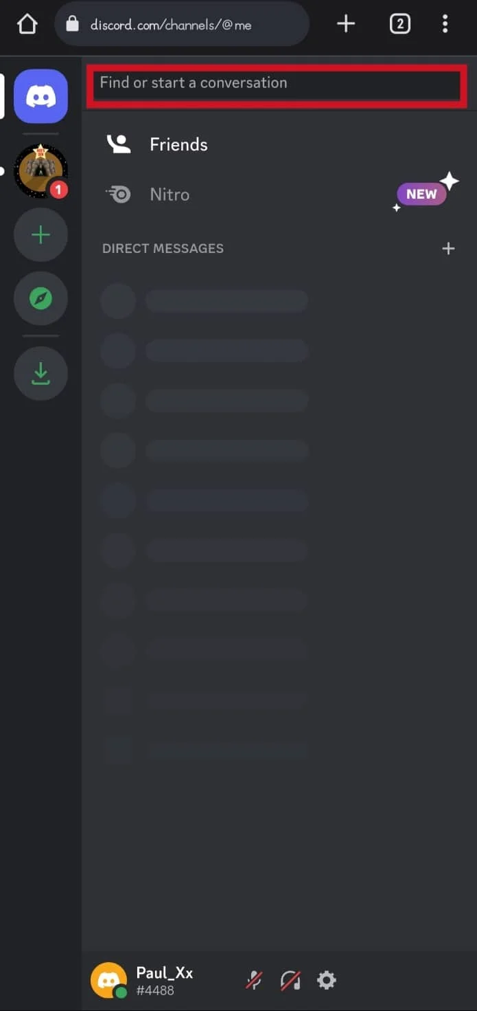 Toque la opción Buscar o iniciar una conversación en la parte superior de la página | Cómo buscar en Discord Mobile