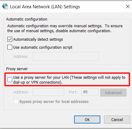décochez la case Utiliser un serveur proxy pour votre LAN