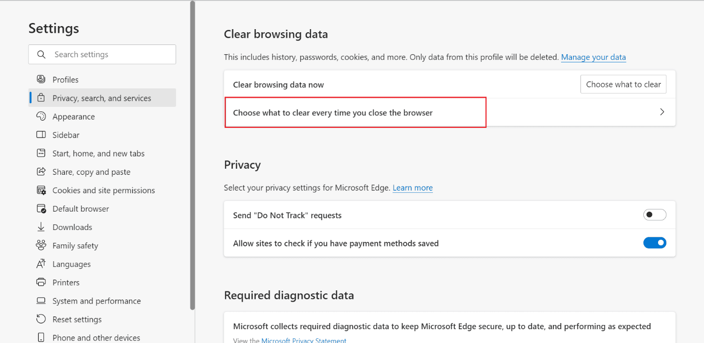ブラウザを閉じるたびに何をクリアするかを選択 | Microsoft Edge でキャッシュと Cookie をクリアする方法